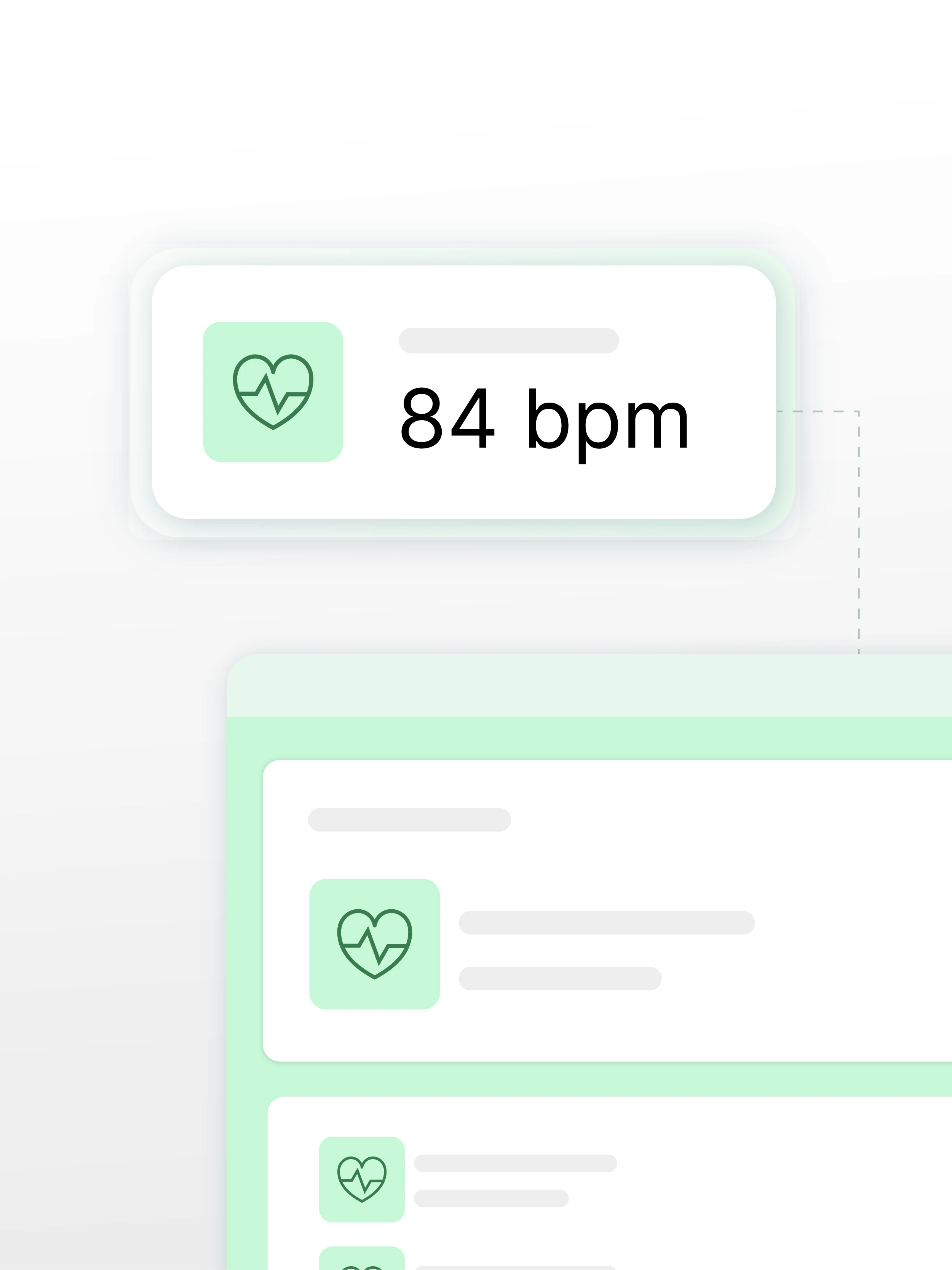 Mobile screen displaying a heart rate of 84 bpm and health updates, representing remote patient monitoring